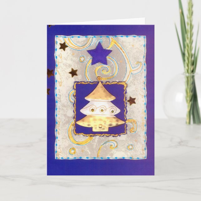 WEISSGOLDENER WEIHNACHTSBAUM auf Blau mit Sternen Holiday Card (Front)