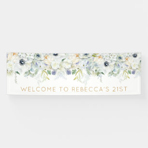 Welcome 21st Party Name White Florals Leaves Banner