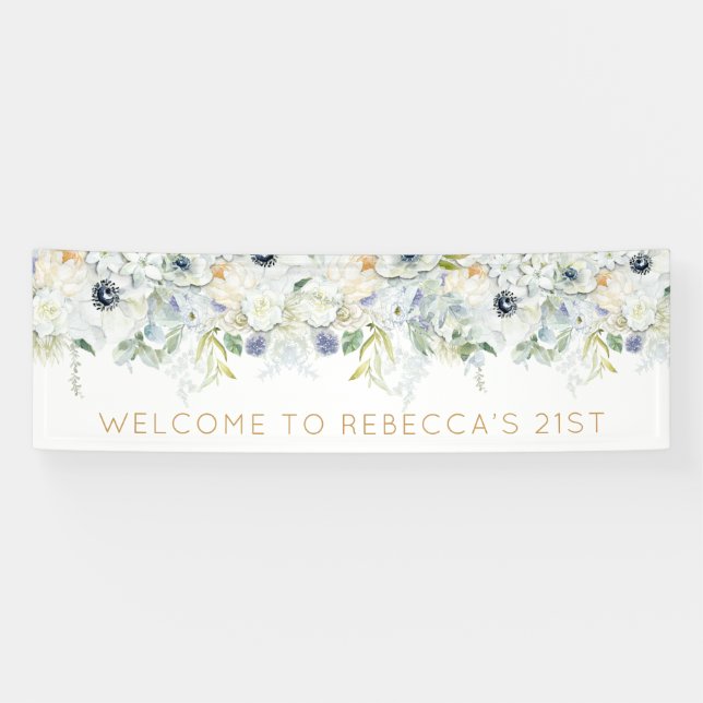 Welcome 21st Party Name White Florals Leaves Banner (Horizontal)