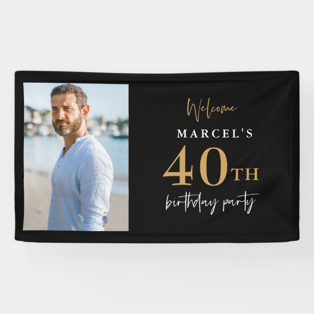 Welcome 40th Birthday Party Photo Black and Gold Banner (Horizontal)