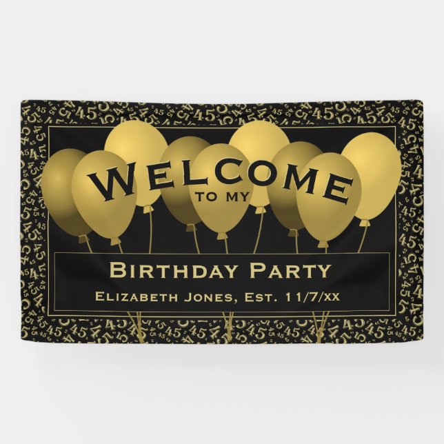 Welcome 45th Birthday Number Pattern | Black/Gold Banner (Horizontal)