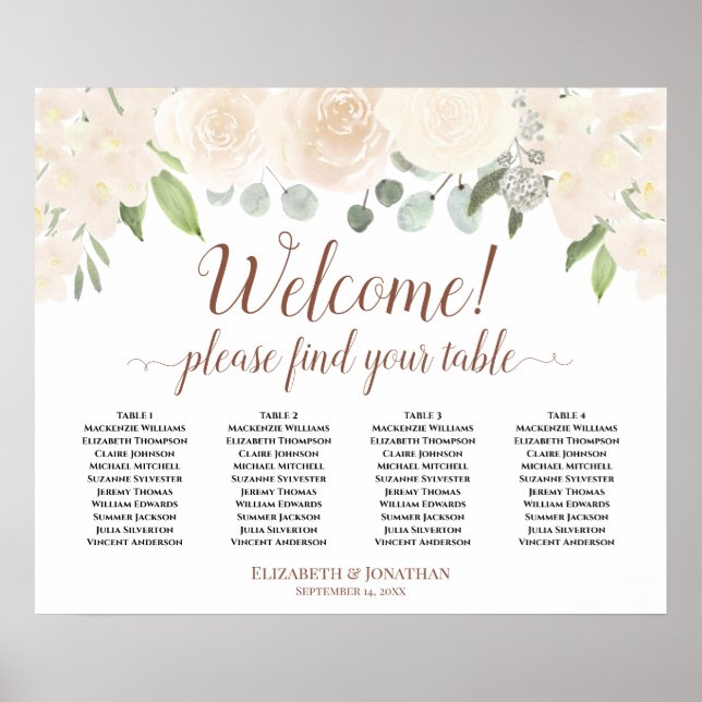 Welcome! 4 Table Blush Peach Floral Seating Chart (Front)