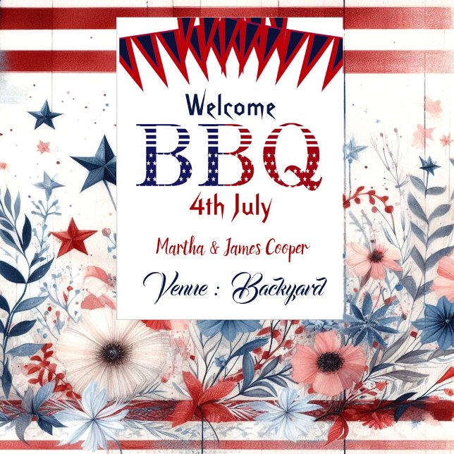 Welcome 4th July BBQ Party Red Blue Poster (Welcome 4th July BBQ Party Red Blue Poster)