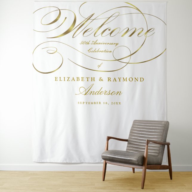 Welcome 50th Anniversary Elegant Silver Script Tapestry (In Situ)