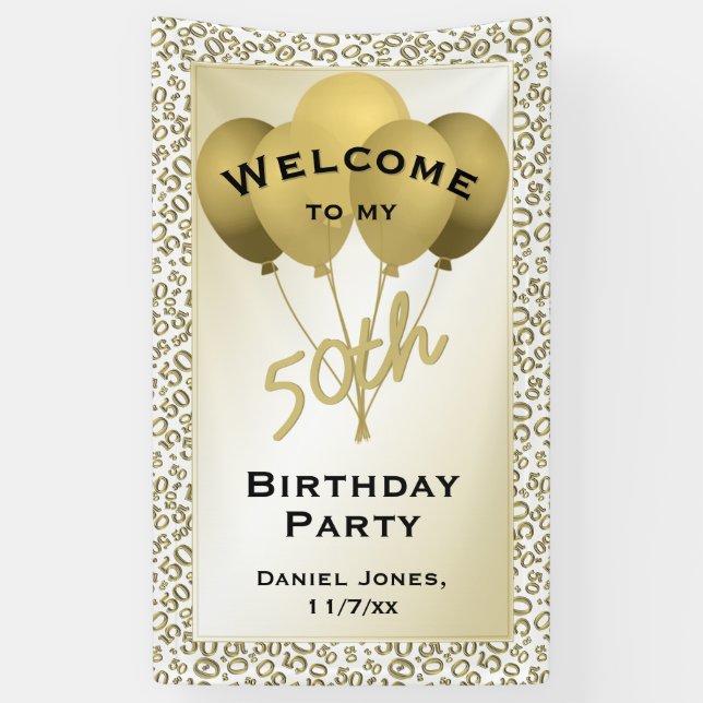 Welcome 50th Birthday Number Patten Gold and White Banner (Vertical)
