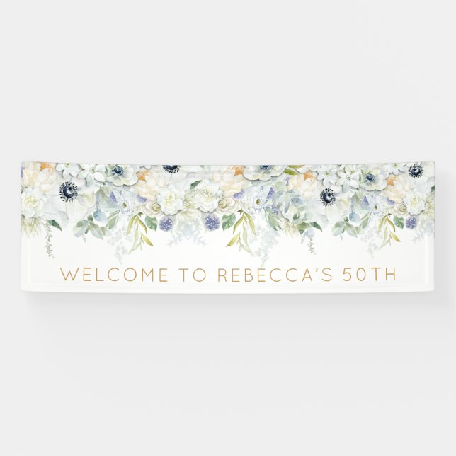 Welcome 50th Birthday Party Name Flowers Leaves Banner (Horizontal)