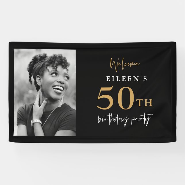 Welcome 50th Birthday Party Photo Black and Gold Banner (Horizontal)