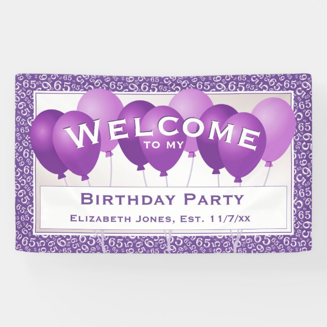Welcome 65th Birthday Number Pattern | Purpe/White Banner (Horizontal)