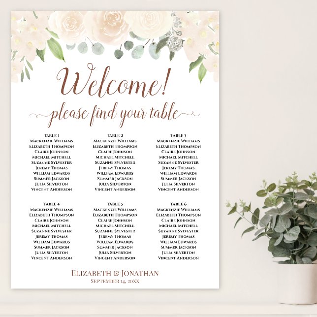 Welcome! 6 Table Pale Peach Floral Seating Chart (In Situ on Wall )