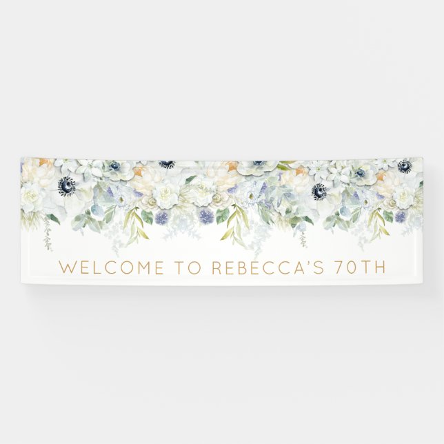 Welcome 70th Birthday Party Name Floral Leaves Banner (Horizontal)