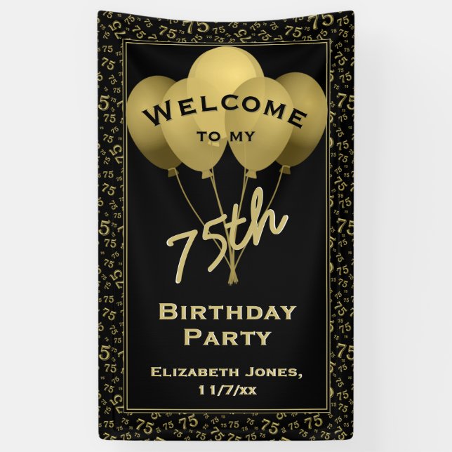 Welcome 75th Birthday Number Patten Gold and Black Banner (Vertical)