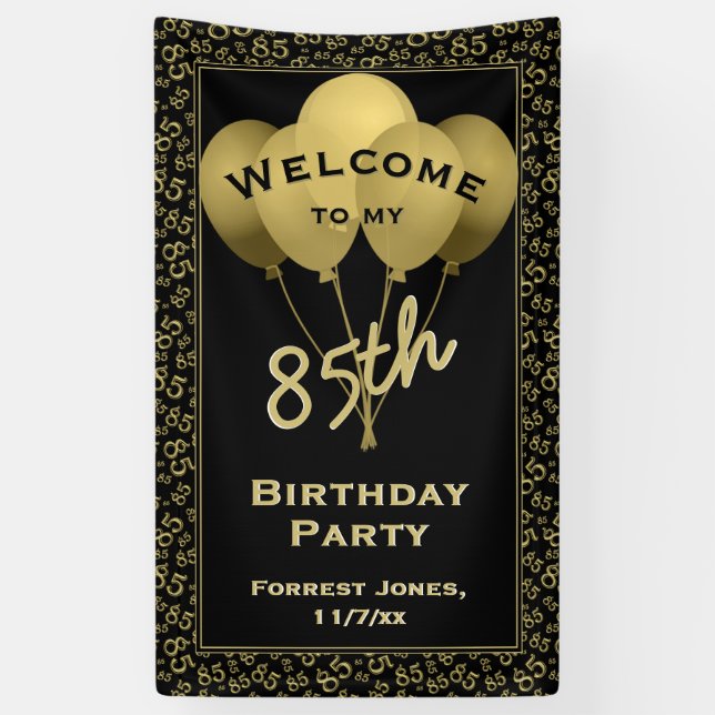 Welcome 85th Birthday Number Patten Gold and Black Banner (Vertical)