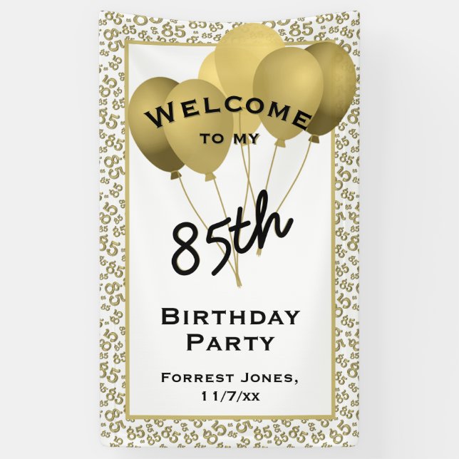 Welcome 85th Birthday Number Patten Gold and White Banner (Vertical)