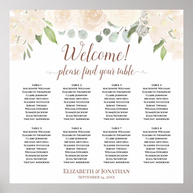 Welcome! 8 Table Blush Peach Roses Seating Chart (Front)