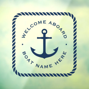 Welcome aboard anchor and rope border boat name window cling