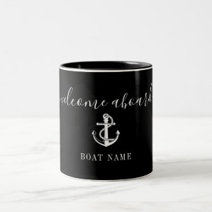 Welcome Aboard Black And White Anchor Boat Name  Two-Tone Coffee Mug