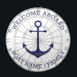 Welcome Aboard blue nautical anchor custom name  Dartboard<br><div class="desc">Welcome Aboard, Custom Boat name or Family name, nautical navy blue anchor and text Fully customisable text. So you can personalise it and make it unique. nautical sailing text, captain name, boat name, family name, entrance sign, etc Navy blue text and anchor on white background. Colours are editable. This dartboard...</div>