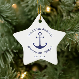 Welcome Aboard blue white Custom nautical anchor Ceramic Tree Decoration