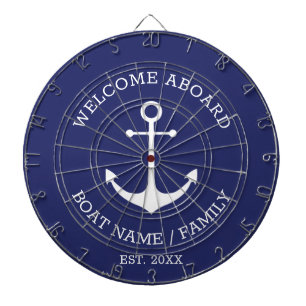 Welcome Aboard blue white nautical anchor name Dartboard