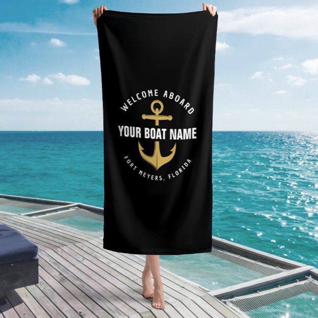 Welcome Aboard Boat Black & Gold Nautical Anchor Beach Towel (Creator Uploaded)