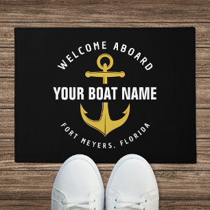 Welcome Aboard Boat Black Gold Nautical Anchor Doormat