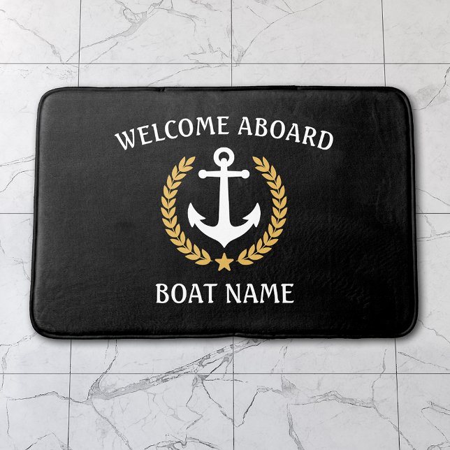Welcome Aboard Boat Name Anchor Gold Laurel Black Bath Mat (Several sizes to choose from.)