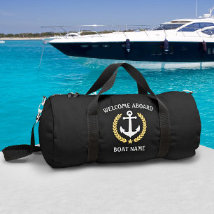 Welcome Aboard Boat Name Anchor Gold Laurel Black Duffle Bag