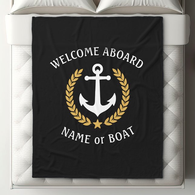 Welcome Aboard Boat Name Anchor Gold Laurel Black Fleece Blanket (Edit to change the primary color if needed.)