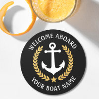 Welcome Aboard Boat Name Anchor Gold Laurel black