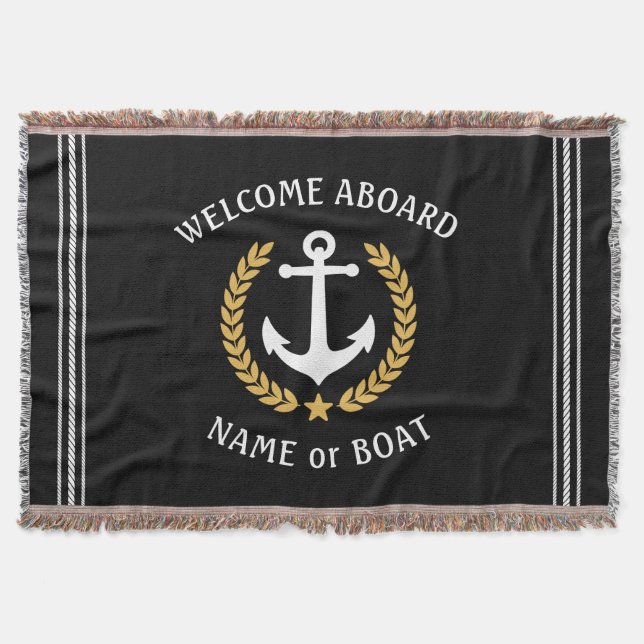 Welcome Aboard Boat Name Anchor Gold Laurel Black Throw Blanket (Front)