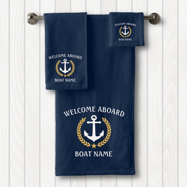 Welcome Aboard Boat Name Anchor Gold Laurel Blue Bath Towel Set (Creator Uploaded)