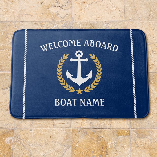 Welcome Aboard Boat Name Anchor Gold Laurel Navy Bath Mat (Several sizes to choose from.)