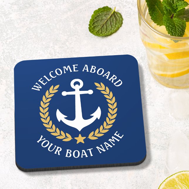 Welcome Aboard Boat Name Anchor Gold Laurel Navy Coaster (Creator Uploaded)
