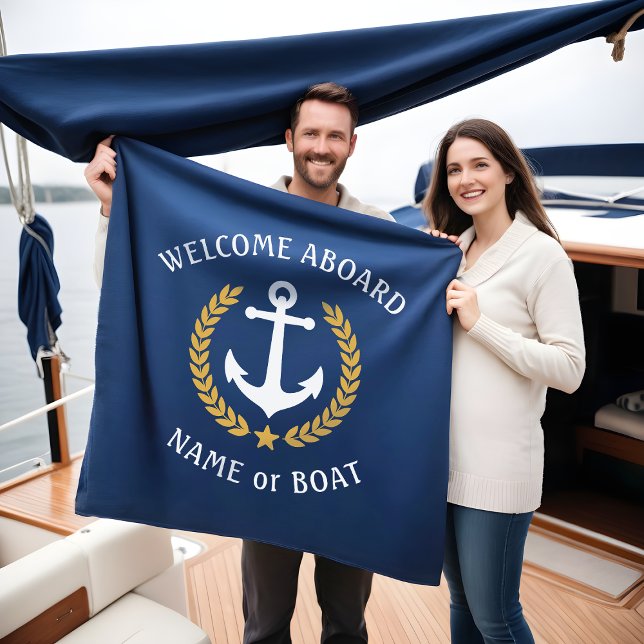 Welcome Aboard Boat Name Anchor Gold Laurel Navy Fleece Blanket (Several sizes to choose from.)