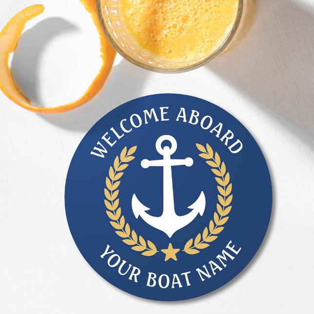 Welcome Aboard Boat Name Anchor Gold Laurel Navy Round Paper Coaster (Creator Uploaded)
