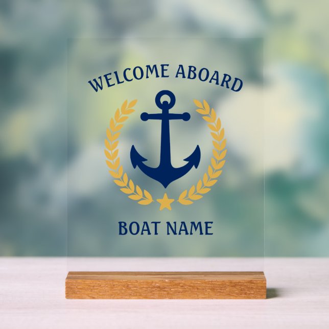 Welcome Aboard Boat Name Anchor Gold Laurel Star Acrylic Sign (Neutral)