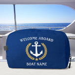 Welcome Aboard Boat Name Anchor Gold Laurel Star Dopp Kit<br><div class="desc">A personalised, nautical themed, cosmetics, grooming and toiletry kit bag to keep you travel items organised and safe. This design featuring a custom made boat anchor with gold coloured laurel leaves and a gold star with rich text reading "Welcome Aboard" and your name or boat name. The colours are white...</div>