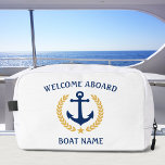 Welcome Aboard Boat Name Anchor Gold Laurel Star Dopp Kit<br><div class="desc">A personalised, nautical themed, cosmetics, grooming and toiletry kit bag to keep you travel items organised and safe. This design featuring a custom made boat anchor with gold coloured laurel leaves and a gold star with rich text reading "Welcome Aboard" and your name or boat name. The colours are navy...</div>