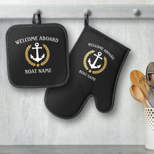 Welcome Aboard Boat Name Anchor Gold Laurel Star Oven Mitt & Pot Holder Set