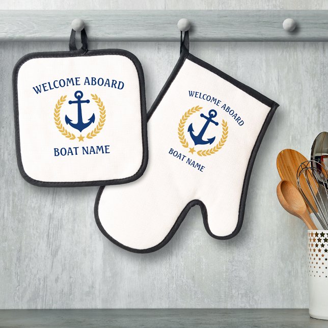 Welcome Aboard Boat Name Anchor Gold Laurel Star Oven Mitt & Pot Holder Set (Creator Uploaded)