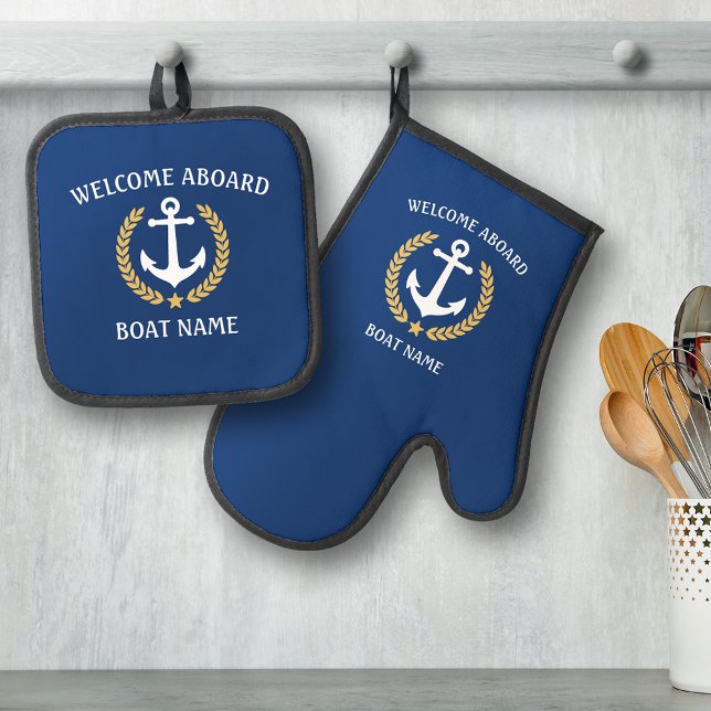 Welcome Aboard Boat Name Anchor Gold Laurel Star Oven Mitt & Pot Holder Set (Creator Uploaded)