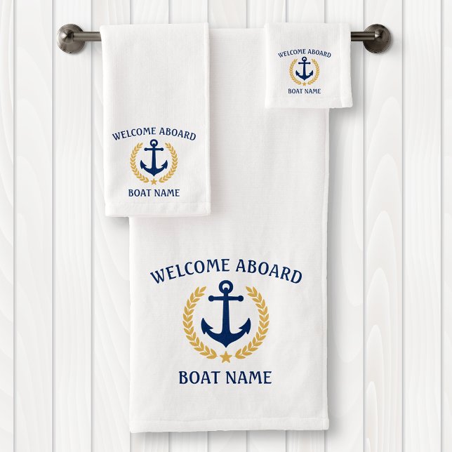 Welcome Aboard Boat Name Anchor Gold Laurel White Bath Towel Set (Creator Uploaded)