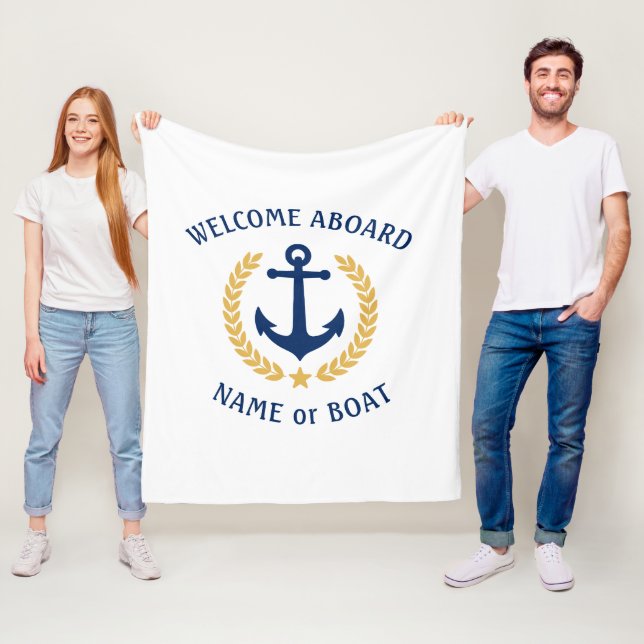 Welcome Aboard Boat Name Anchor Gold Laurel White Fleece Blanket (In Situ)