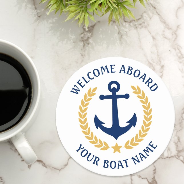 Welcome Aboard Boat Name Anchor Gold Laurel white Round Paper Coaster (Creator Uploaded)