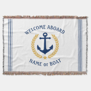 Welcome Aboard Boat Name Anchor Gold Laurel White Throw Blanket