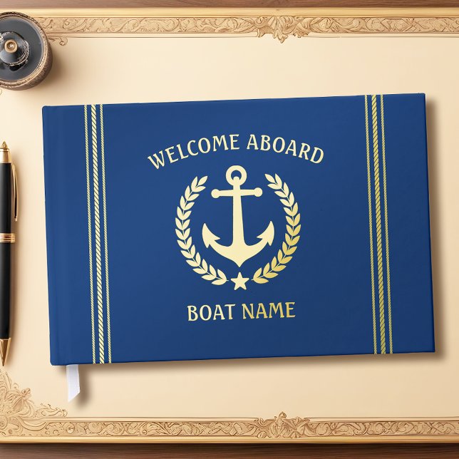 Welcome Aboard Boat Name Anchor Laurel Star  Guest Book (Several sizes to choose from.)