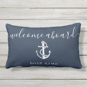 Welcome Aboard Boat Name Anchor Navy Blue Lumbar Cushion