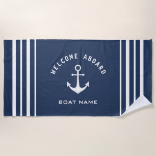 Welcome Aboard Boat Name Anchor Navy Blue White Beach Towel