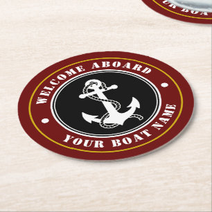 Welcome Aboard Boat Name Anchor Red Gold Style Round Paper Coaster