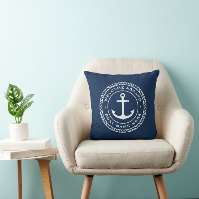 Welcome aboard boat name anchor rope border cushion (Chair)